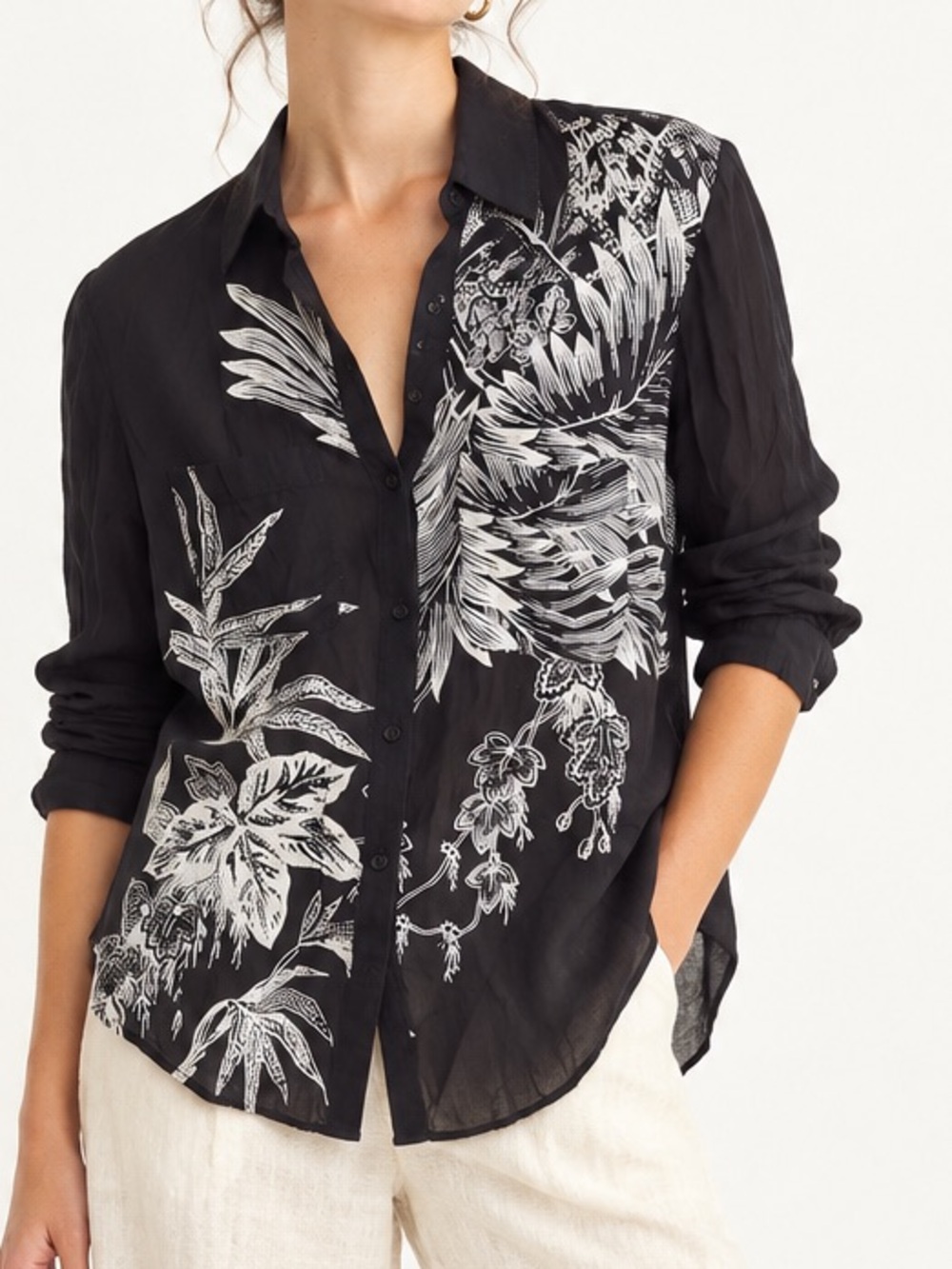Anthropologie Pilcro The Romy Black Button-Down Shirt White Botanical Print top